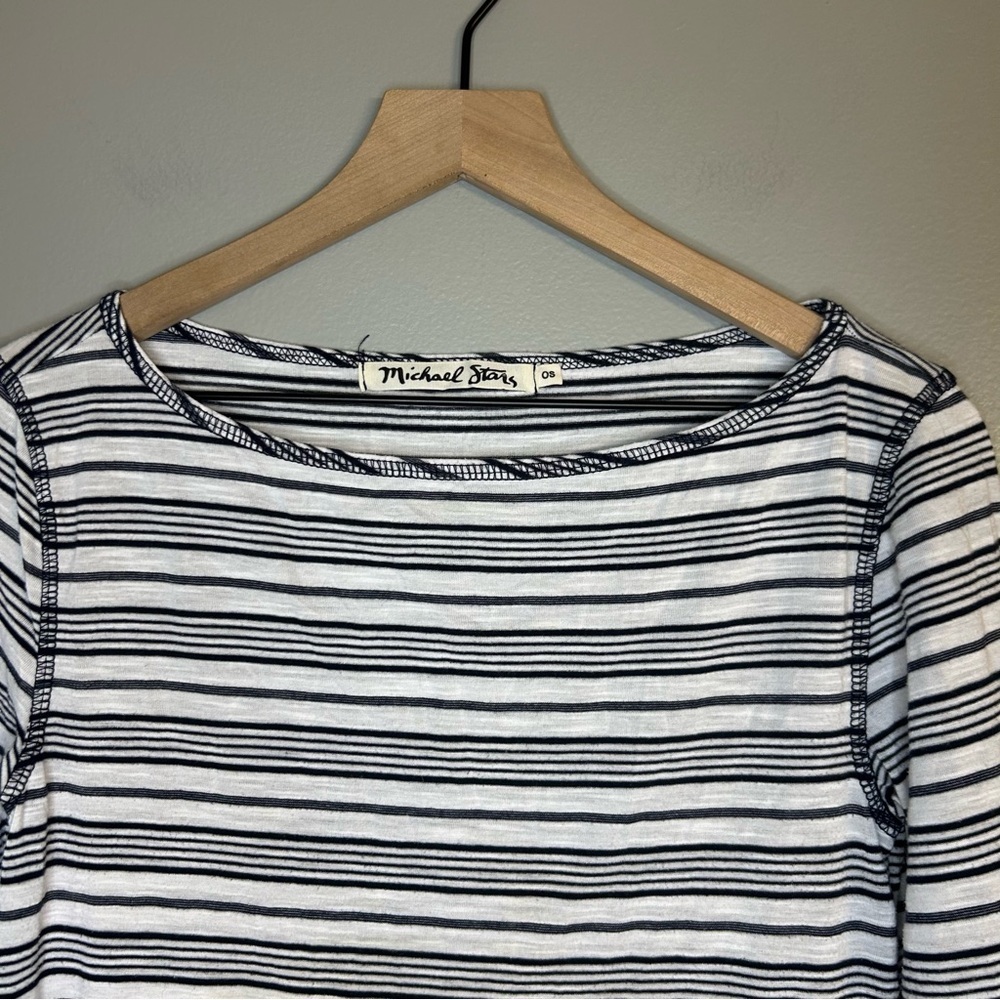 Michael Stars Black and White Striped 3/4 Sleeve Boatneck Top, One Size - Picture 2 of 6